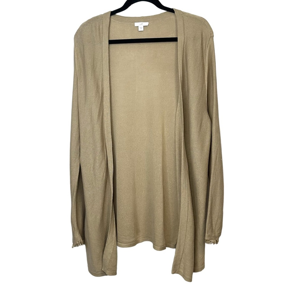 J. Jill Tan Open Front Linen Rayon Blend Cardigan Frayed Sleeves Size Large